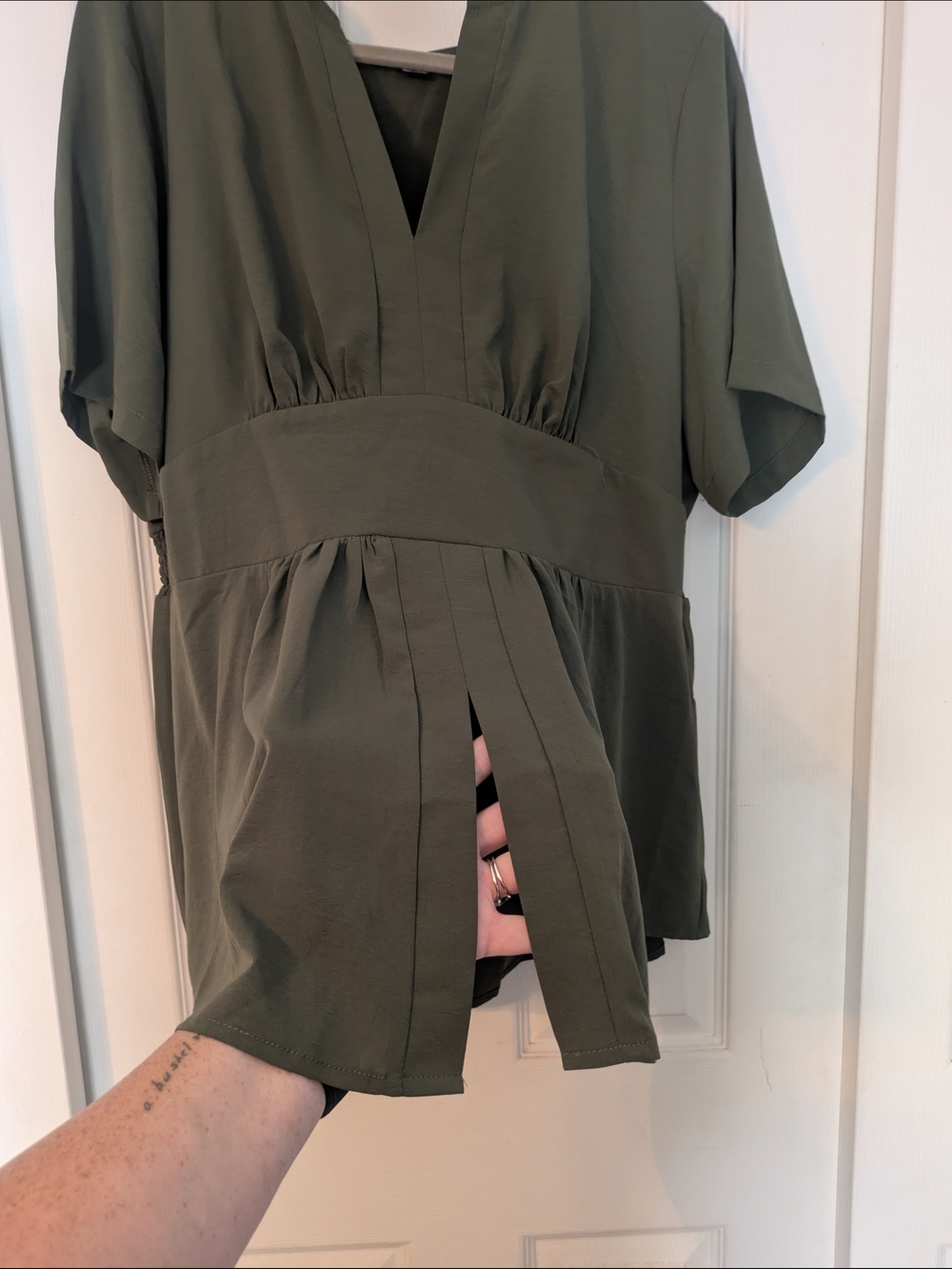 3XL - Olive Green Women's Short Sleeve V-Neck Peplum Top - Picture 4 of 6
